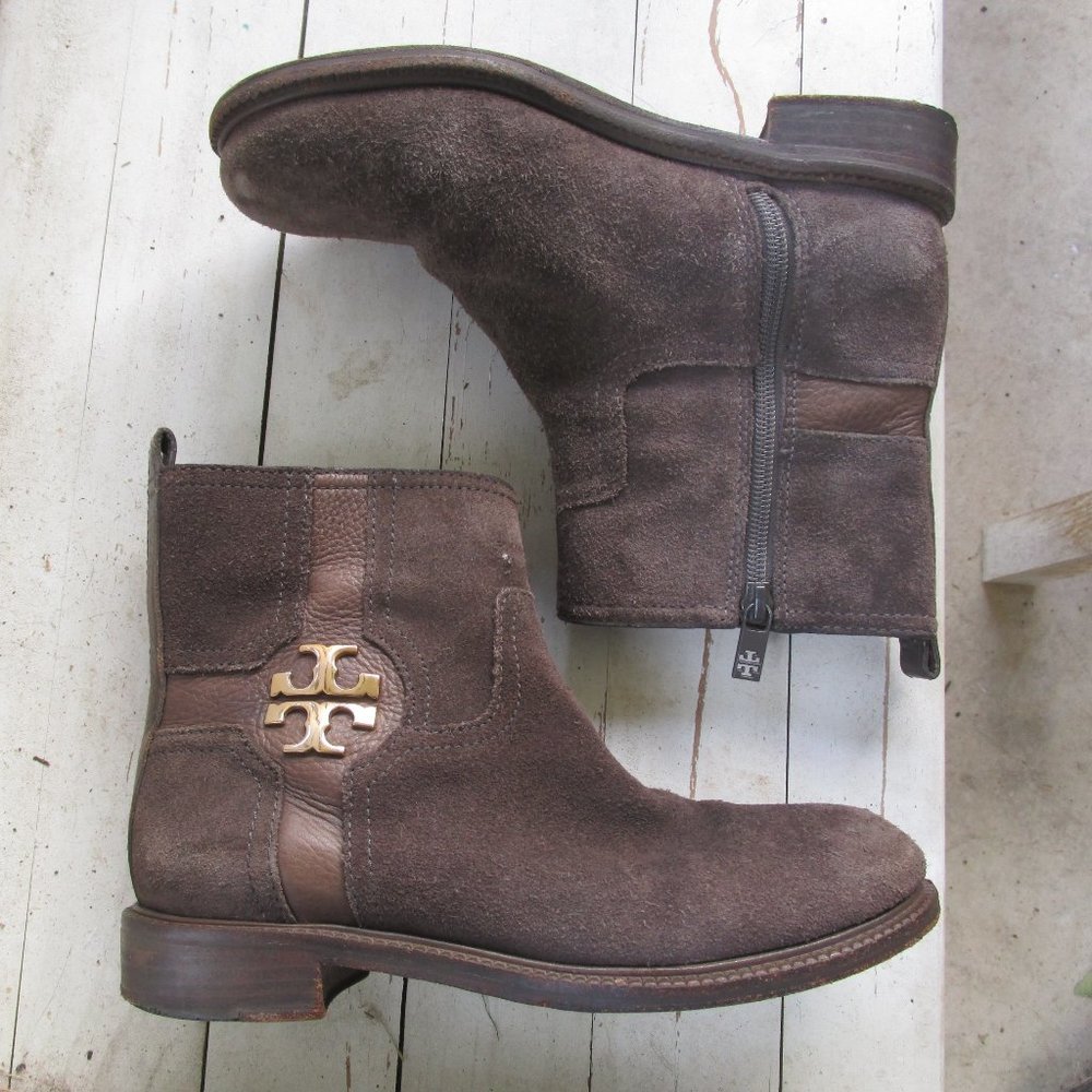 Tory Burch Brown Suede Ankle Booties with Gold Logo Accent